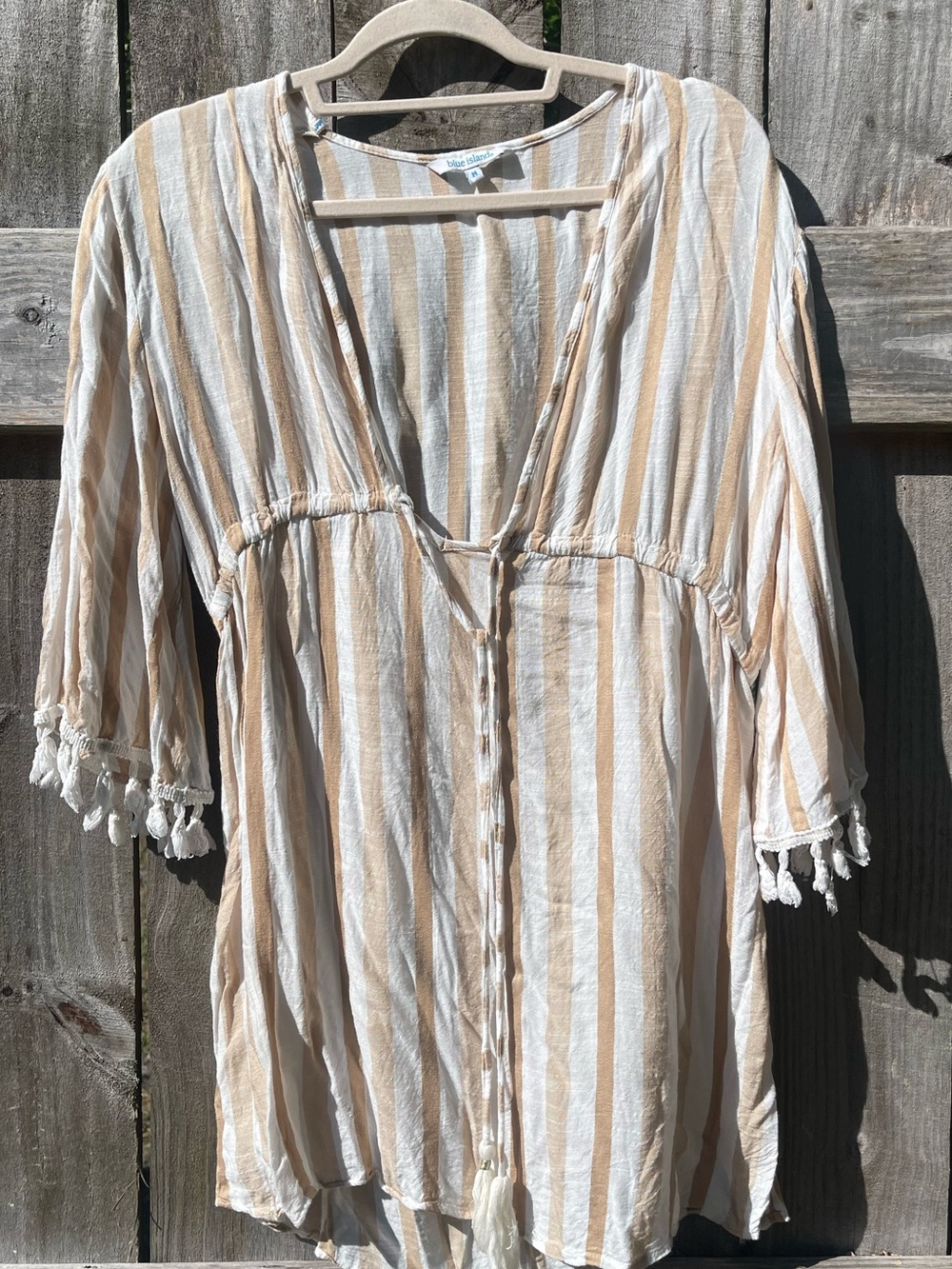 blue island Beige & White Striped V-Neck Tassel Tunic Sz M